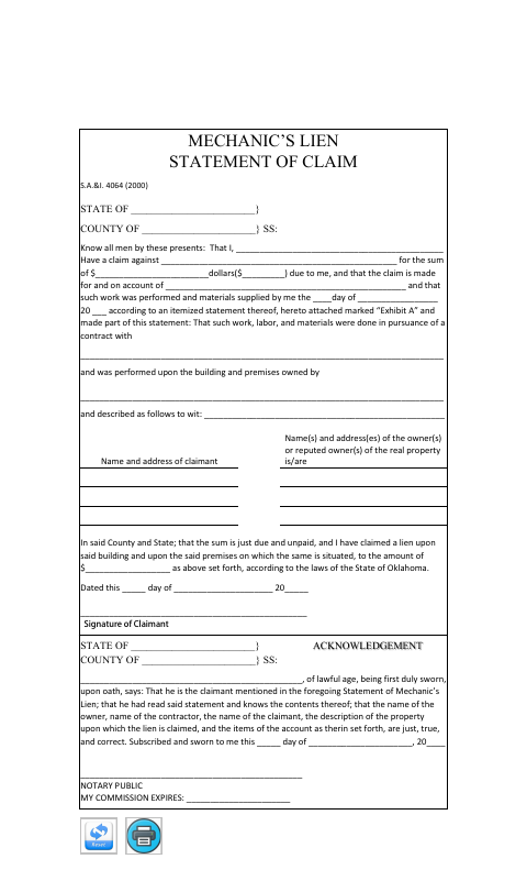 Mechanic's Lien Statement of Claim, Grady County form, first page