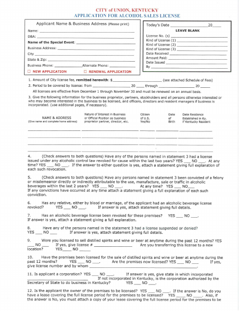First page of the Alcohol Sales License Application