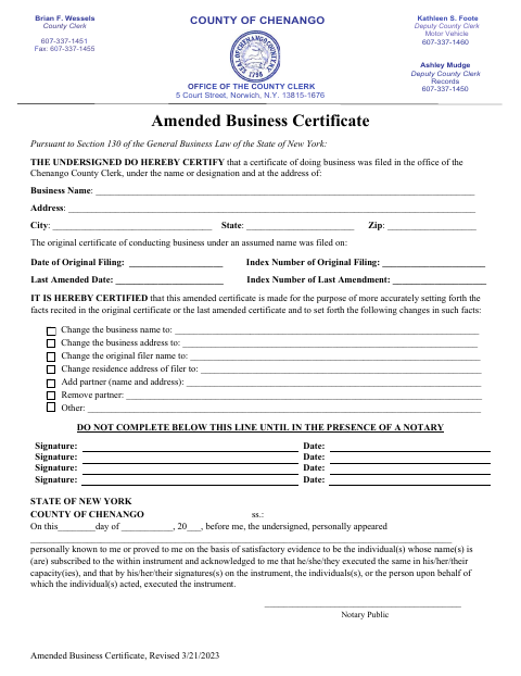 Amended Business Certificate, Chenango County form, first page