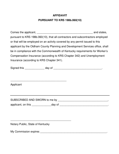 Affidavit Pursuant to KRS 198B.060(10), Oldham County form, first page