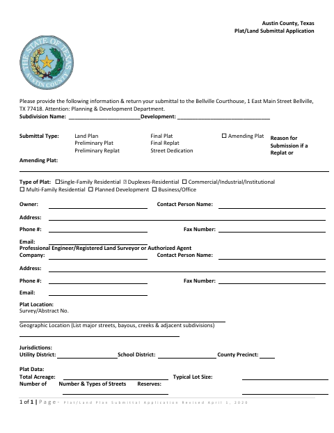 First page of the Plat/Land Submittal Application