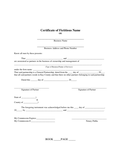Certificate of Fictitious Name Multiple Owners, Kay County form, first page