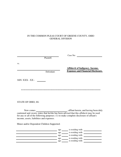 Affidavit of Indigency, Income, Expenses, and Financial Disclosure, Greene County form, first page