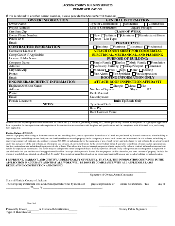 Roof permit application — Jackson County form, first page