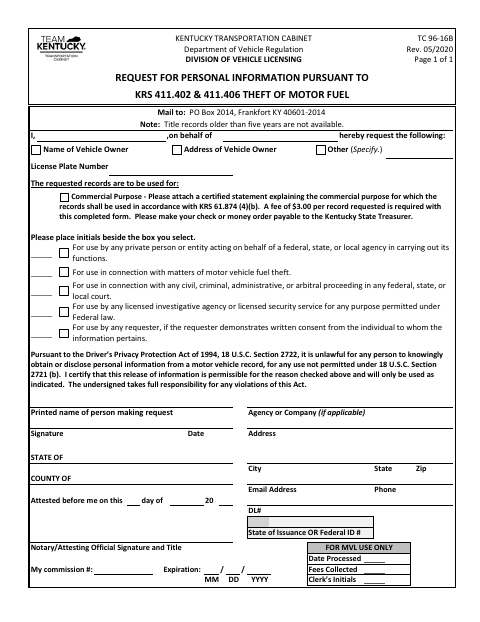 TC 96-16B Request for Personal Information first page