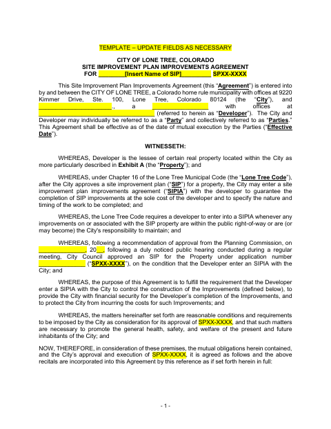 First page of the Site Improvement Plan Improvements Agreement