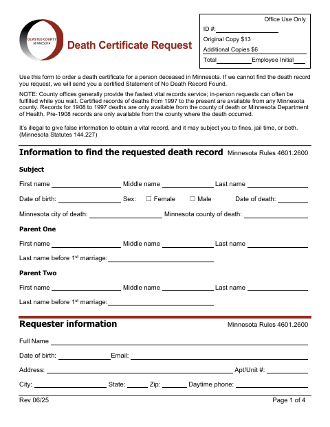 Death Certificate Request, Olmsted County form, first page