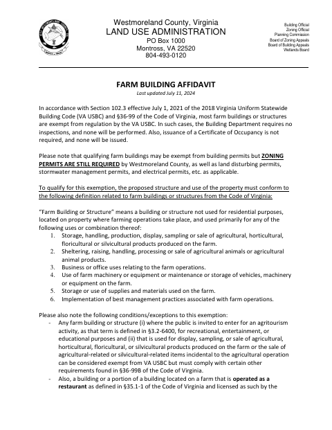 Farm Building Affidavit, Westmoreland County form, first page