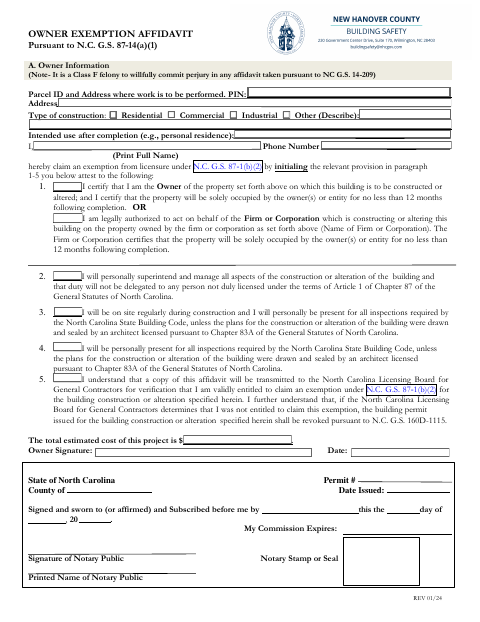 Owner Exemption Affidavit, New Hanover County form, first page