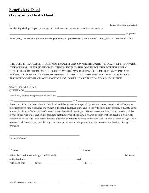 Beneficiary Deed (Transfer on Death Deed), Grant County form, first page