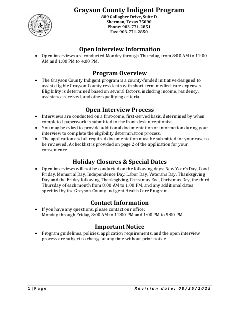 Indigent Program Application, Grayson County form, first page