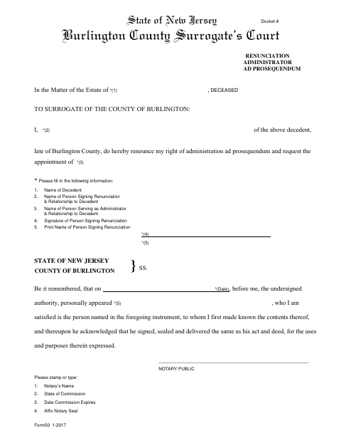 Renunciation of Administrator Ad Prosequendum, Burlington County form, first page