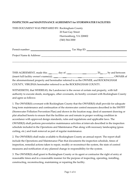 Inspection and Maintenance Agreement for Stormwater Facilities, Rockingham County form, first page