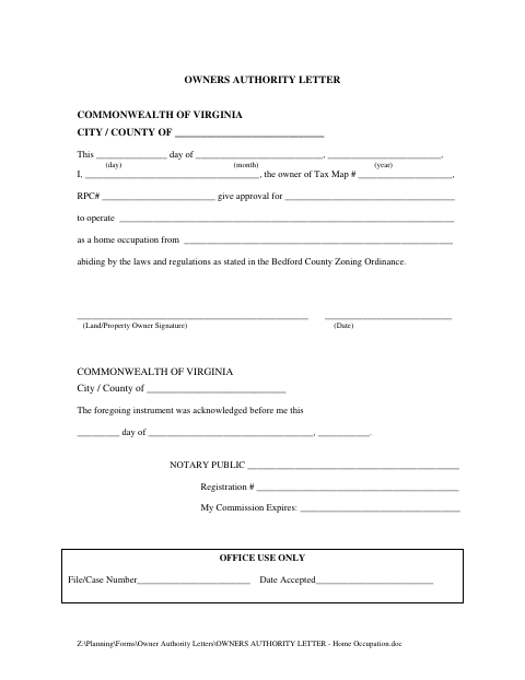Owners Authority Letter, Bedford County form, first page