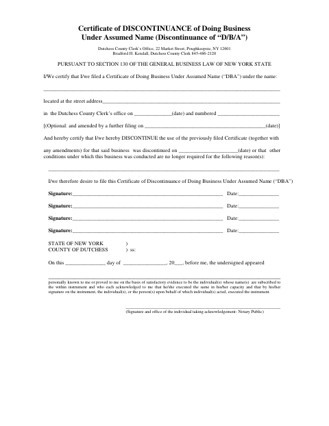 Certificate of Discontinuance of Doing Business Under Assumed Name, Dutchess County form, first page