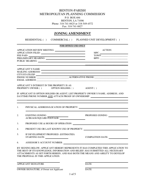 Zoning Amendment, Bossier Parish form, first page