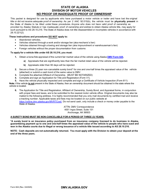 Form 824 Vehicle Title Surety Bond and Affidavit of Ownership first page