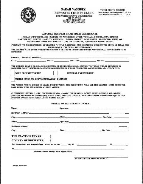 Assumed Business Name Certificate, Brewster County form, first page