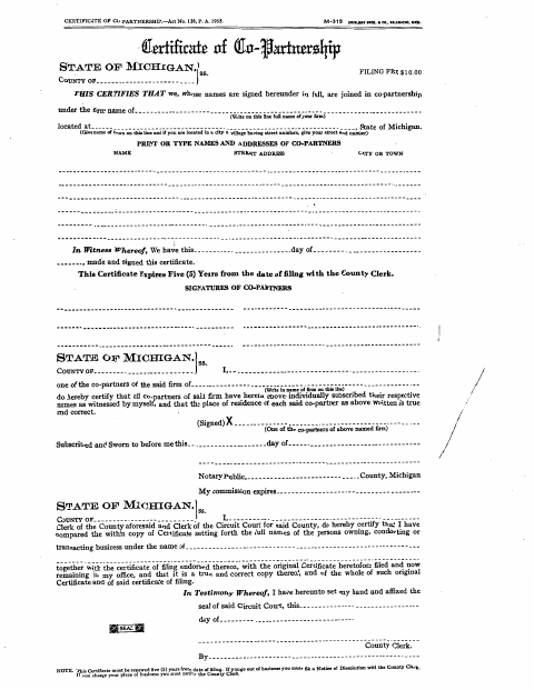Certificate of Co-Partnership, Cheboygan County form, first page