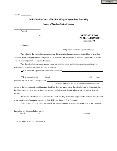 Affidavit For Publication Of Summons, Washoe County form, first page