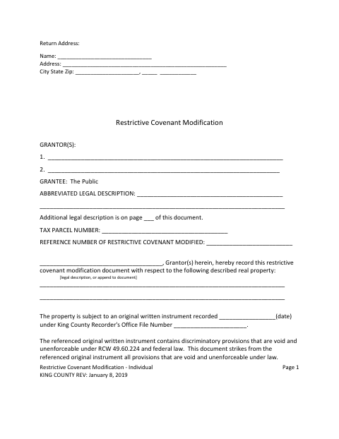 Restrictive Covenant Modification - Individual, King County form, first page