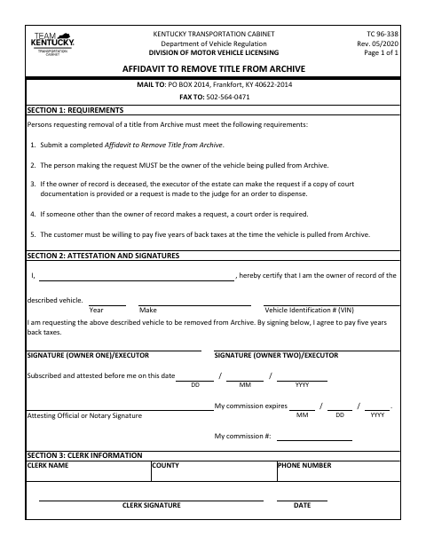 TC 96-338 Affidavit to Remove Title from Archive first page