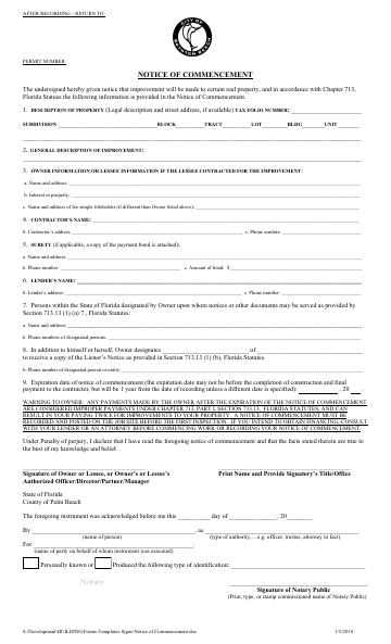 First page of the Notice of Commencement (FS 713.13)