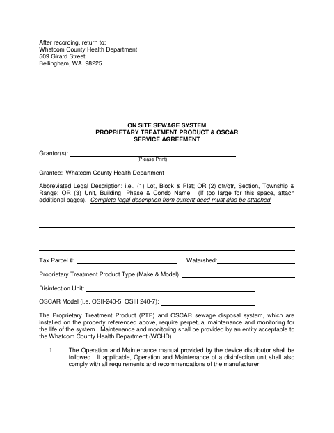 Proprietary Treatment Product and OSCAR Service Agreement, Whatcom County form, first page