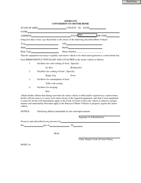 Affidavit Conversion to Motor Home, Lucas County form, first page