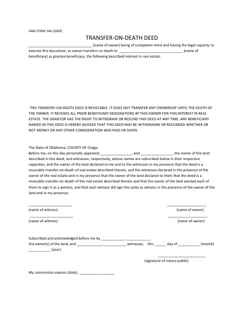Transfer-On-Death Deed, Osage County form, first page