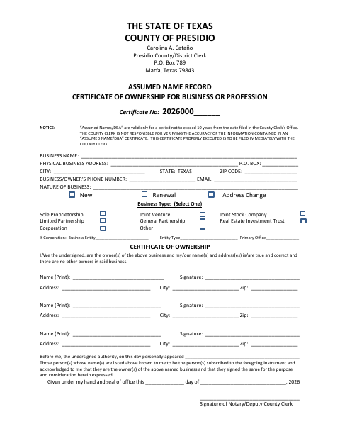 Assumed Name Record Certificate Of Ownership For Business Or Profession, Presidio County form, first page