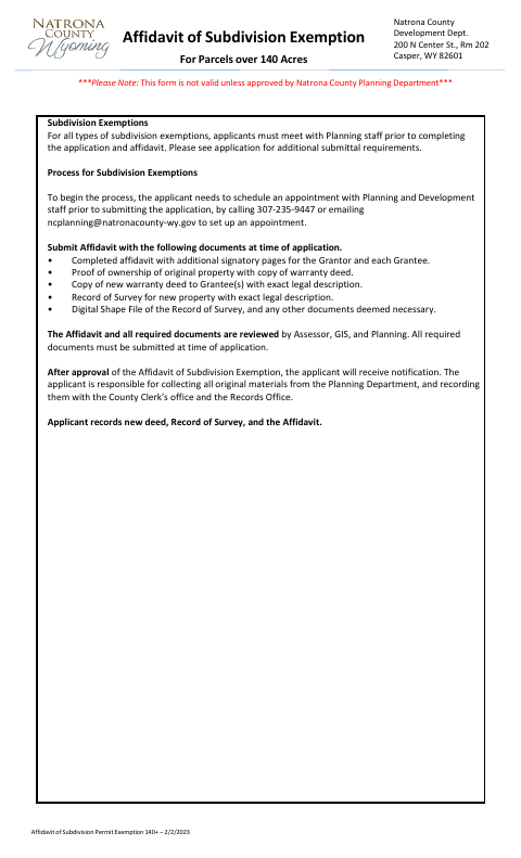 Affidavit of Subdivision Exemption for Parcels Over 140 Acres, Natrona County form, first page
