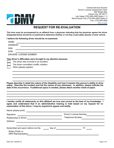 DMV-23A Request for Re-Evaluation first page