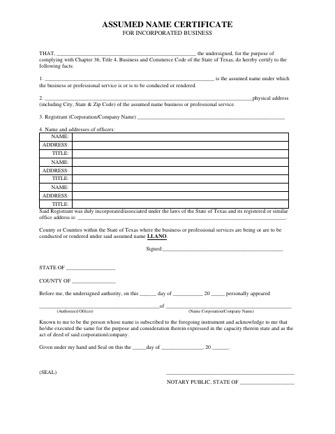 Assumed Name Certificate for Incorporated Business, Llano County form, first page