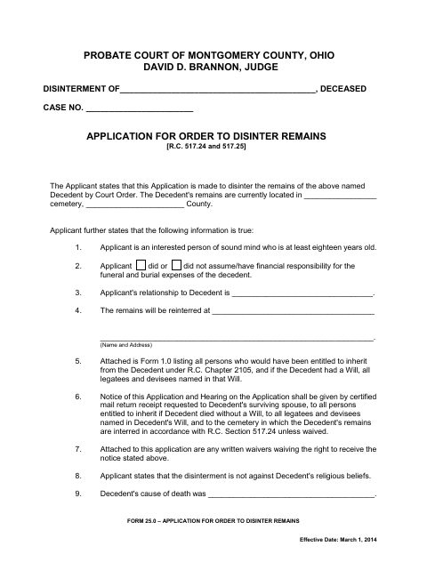 Application for Order to Disinter Remains, Montgomery County form, first page