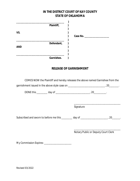 Release Of Garnishment, Kay County form, first page