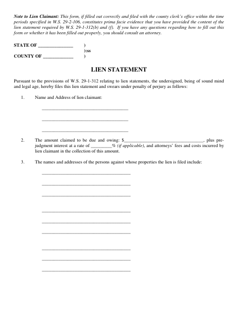 Lien Statement, Converse County form, first page