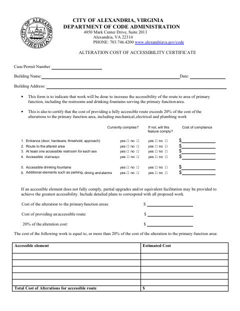 Alteration Cost of Accessibility Certificate, City of Alexandria form, first page