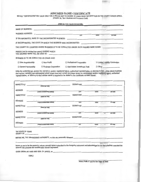 Assumed Name Certificate, Kinney County form, first page
