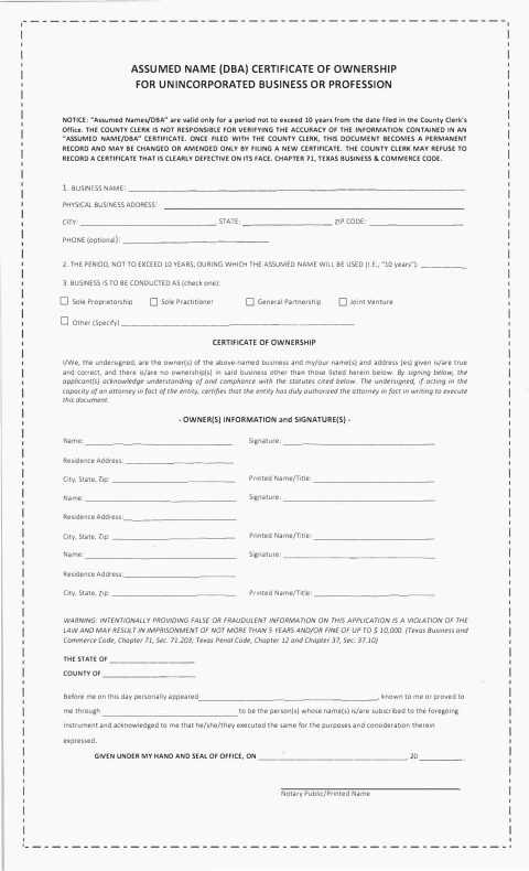 Assumed Name Certificate of Ownership for Unincorporated Business or Profession, Atascosa County form, first page