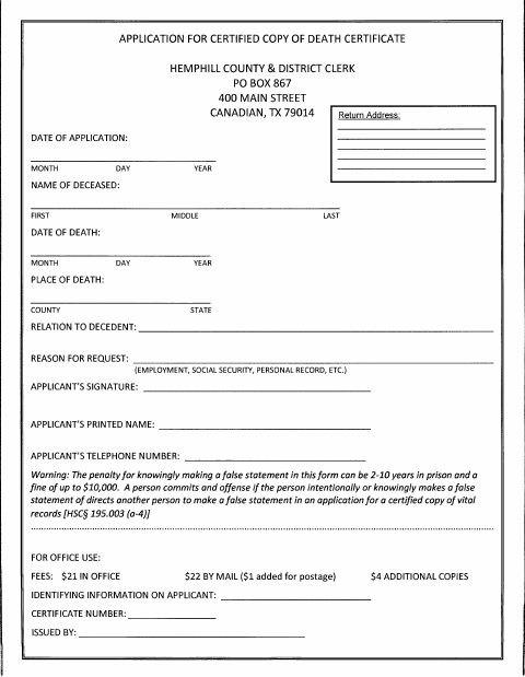 Application for Certified Copy of Death Certificate, Hemphill County form, first page