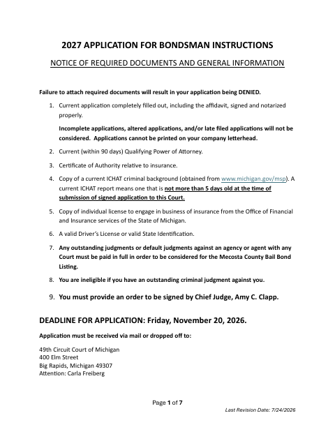 Application for Bondsman, Mecosta County form, first page