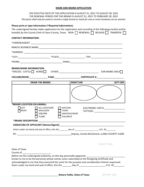 Mark and Brand Application, Llano County form, first page