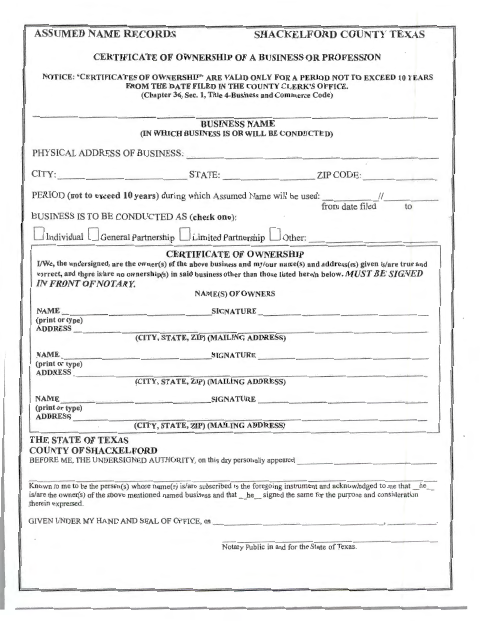 Assumed Name Certificate of Ownership, Shackelford County form, first page