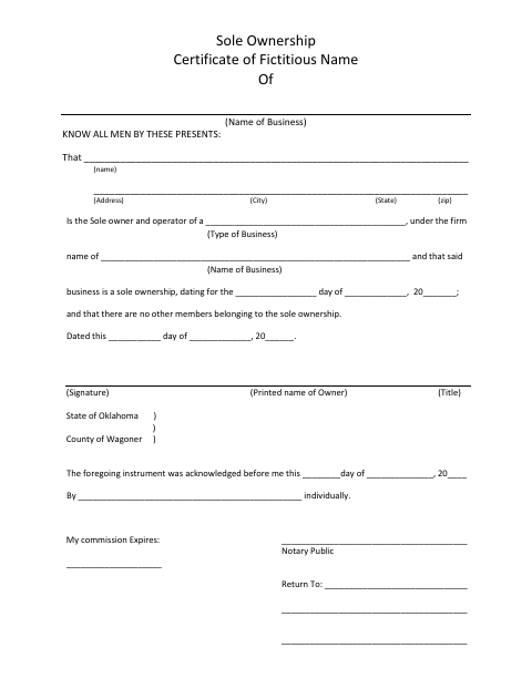Sole Ownership Certificate of Fictitious Name, Wagoner County form, first page