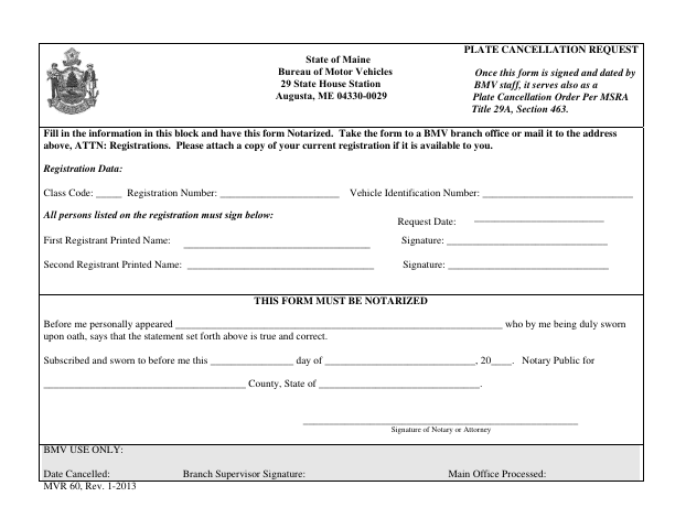 MVR-60 Plate Cancellation Request first page