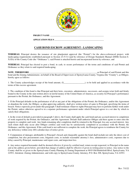 Cash Bond Escrow Agreement - Landscaping, Spotsylvania County form, first page