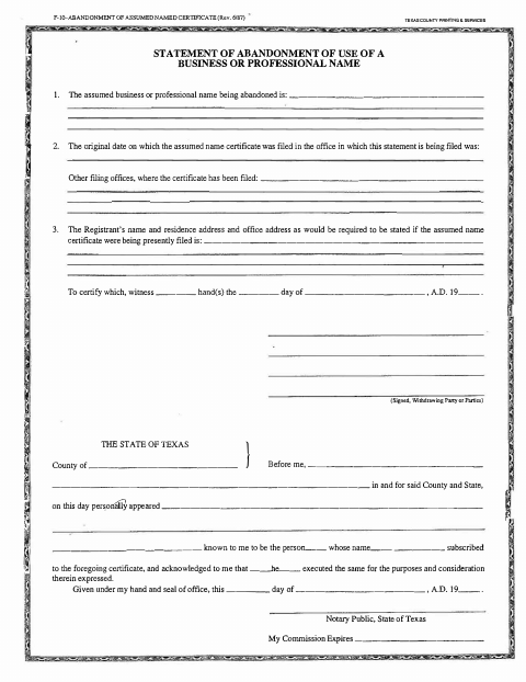 Statement of Abandonment of Use of a Business or Professional Name, Atascosa County form, first page