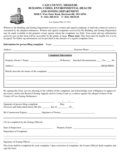 Complaint Form, Cass County form, first page