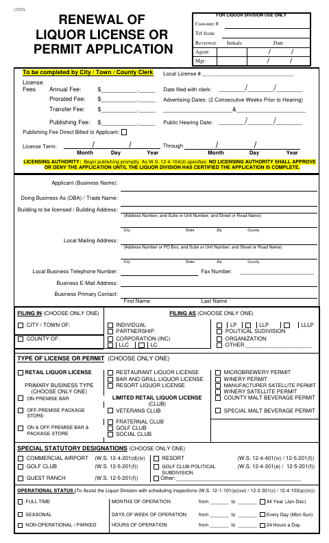 Renewal of Liquor License or Permit Application, Carbon County form, first page